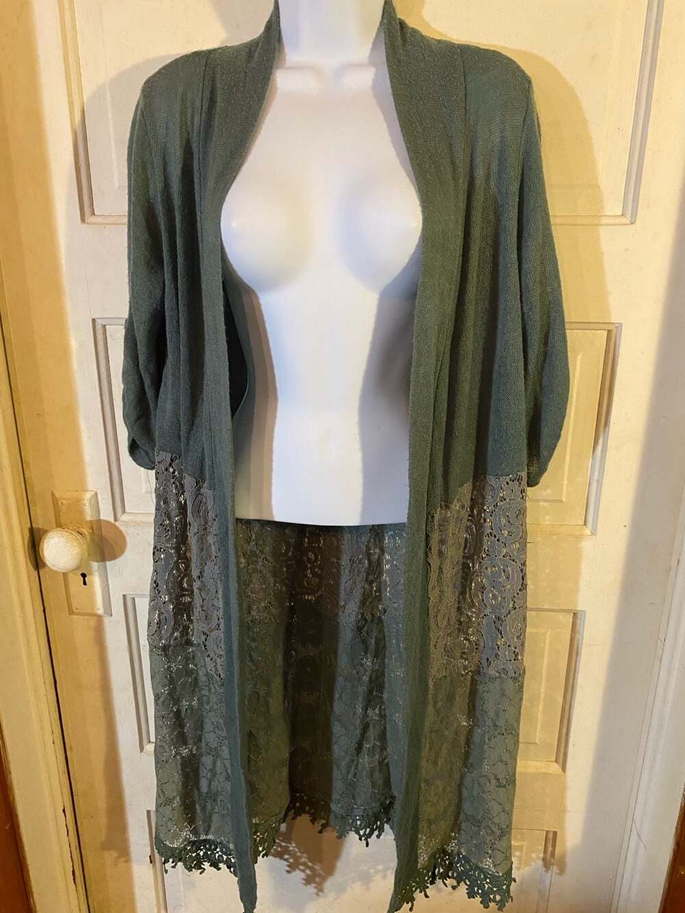 Kaktus Women's Open Front Olive Green Long Knit Cardigan with Lace Detail